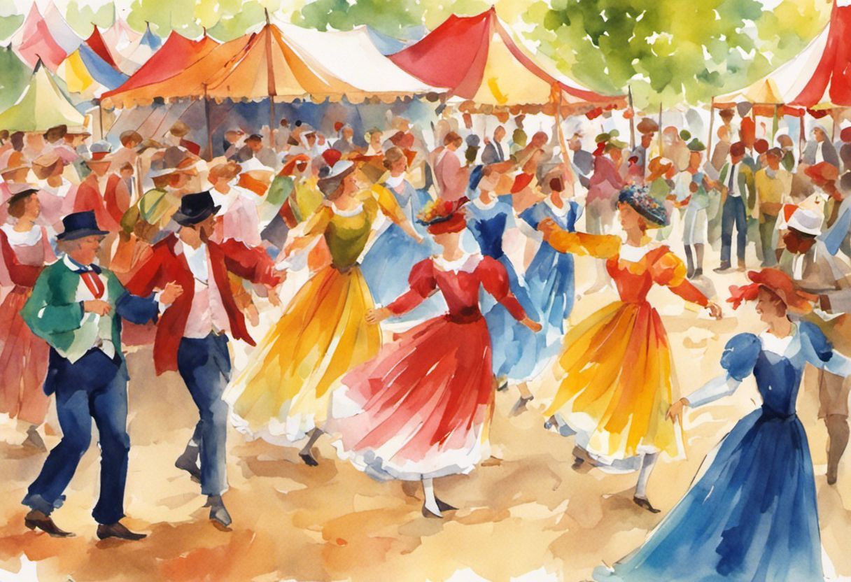 Illustration colorée de danseurs traditionnels lors d'un festival en Bretagne.