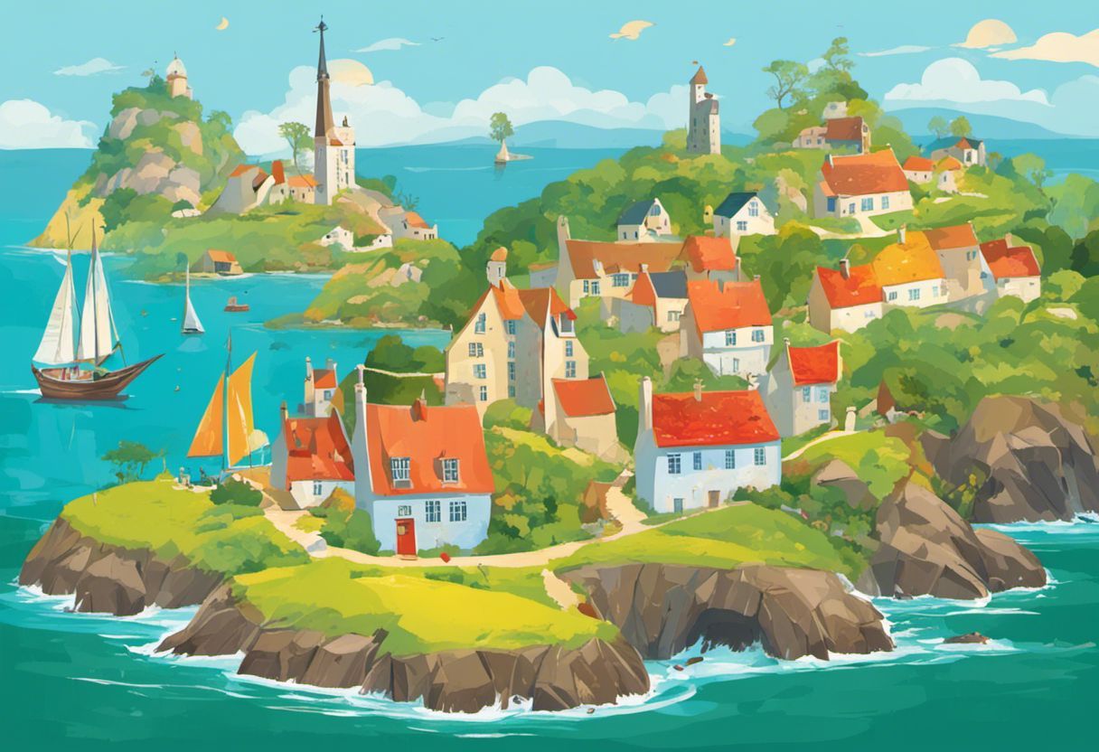 Paysages colorés des îles bretonnes avec éléments culturels.