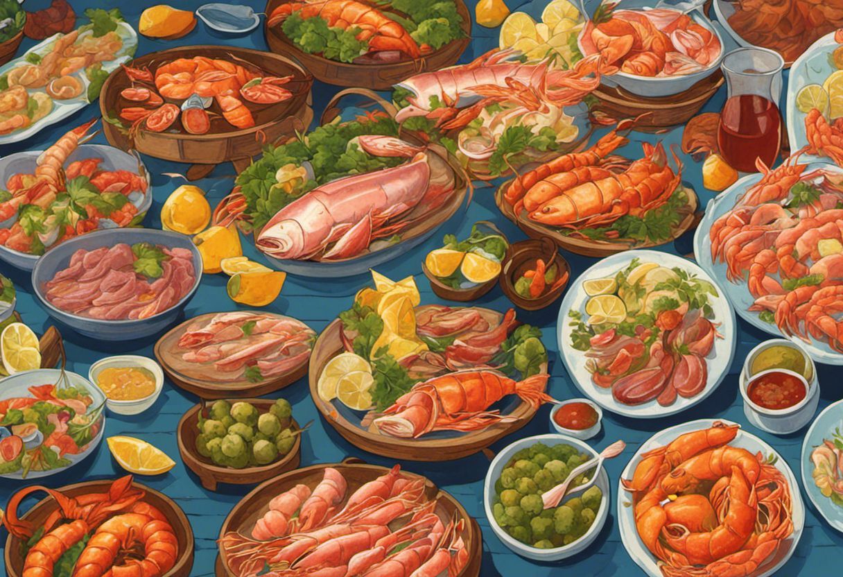 Illustration colorée d'un festin breton avec fruits de mer et viandes