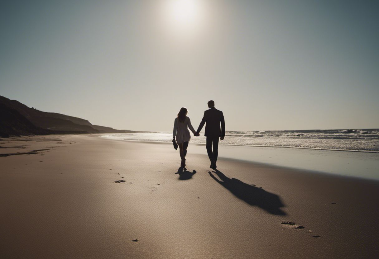 Couple heureux marchant main dans la main sur la plage
