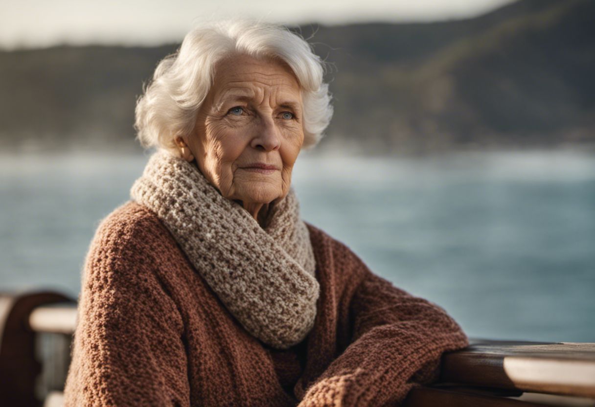 1) Femme âgée assise sur un banc près de l'océan