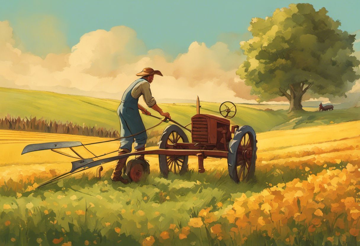 Scène champêtre avec un agriculteur labourant la terre.