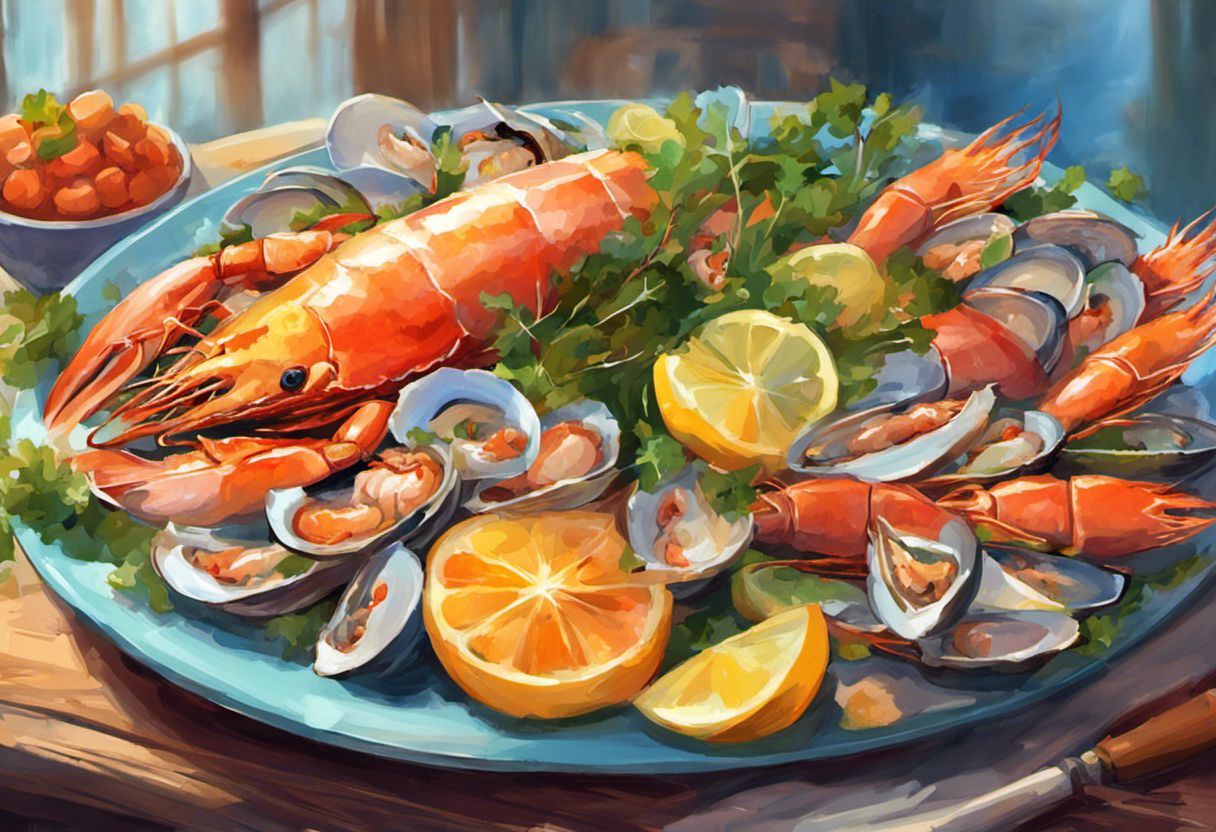 Peinture numérique vive d'une assiette de fruits de mer frais en Bretagne